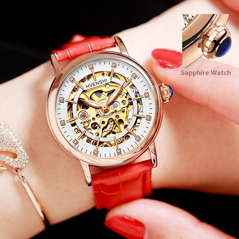 Elegant HVENSHI Women's Skeleton Dial Watch with Glow-in-the-Dark Feature and Stylish Leather Strap
