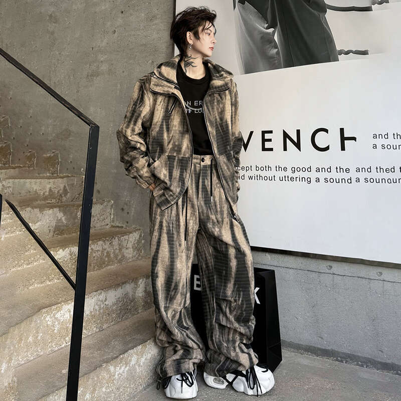 Autumn Tie-Dyed Design Fashion High Street Hooded Jacket Loose Casual Pants Men's Trendy Two-Piece Sets