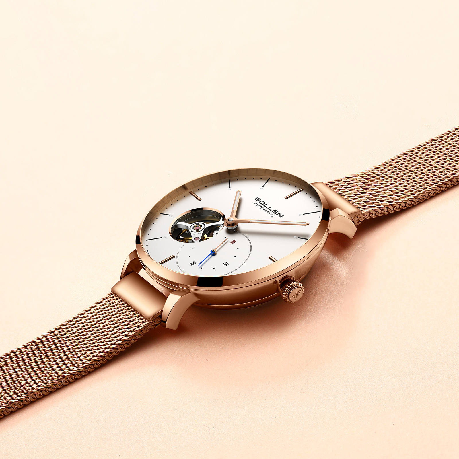 SOLLEN Ladies' Fashionable Skeleton Dial Automatic Mechanical Watch with Nylon Strap
