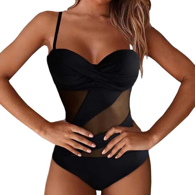 Black Sexy Net One Piece Swimsuit Closed Fa Swimwear Push Up Body Womens Swim Wear Bathing Suit Beach Pool Bather 2025XJ240108