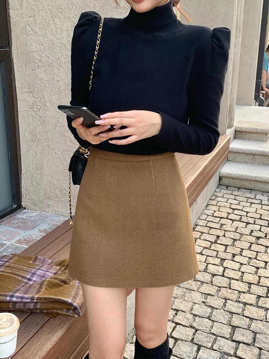 B52212 Autumn and winter new temperament commuting solid color high waist skirt hip A-line short skirt female