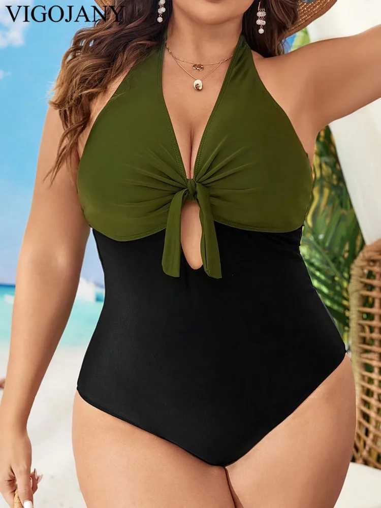 VigoJany 2025 Solid Patchwork Plus Size Swimwear Women Tied Halter Hollow One Piece Swimsuit Push Up ss Big Bathing SuitXJ240108