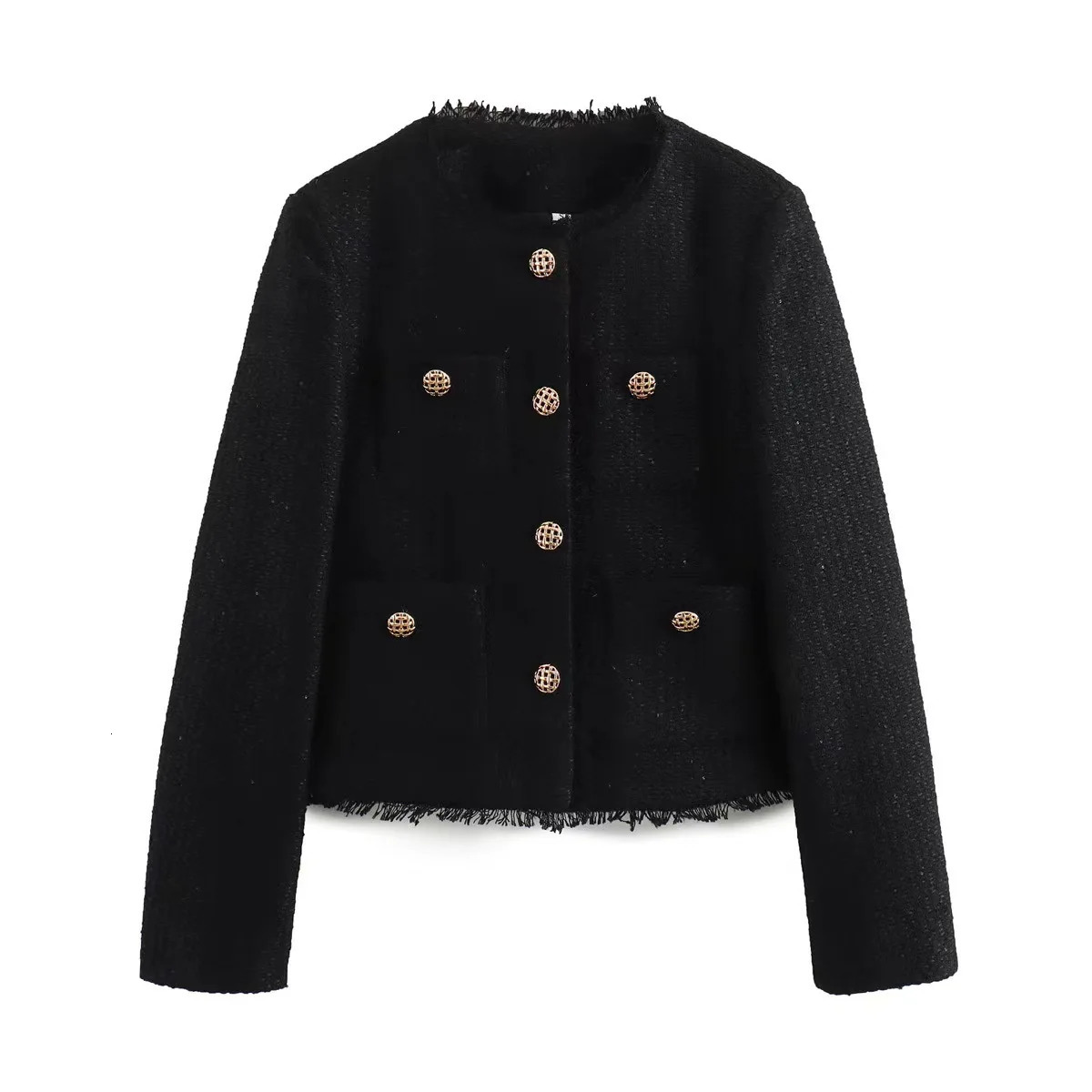 Fashion Tweed Cropped Jacket For Women Spring Elegant Single Breasted Pocket Coat Female Long Sleeve Round Collar Outerwear 250109
