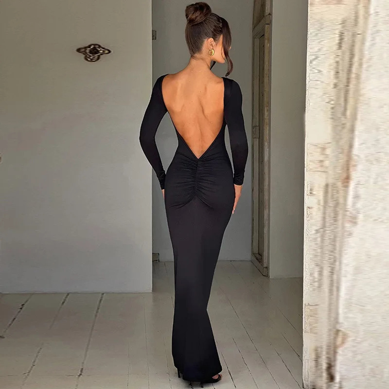 Cryptographic Elegant Open Back Ruched Sexy Bodycon Maxi Dress Birthday Outfits for Women Long Sleeve Dresses Gown Club Party 250108