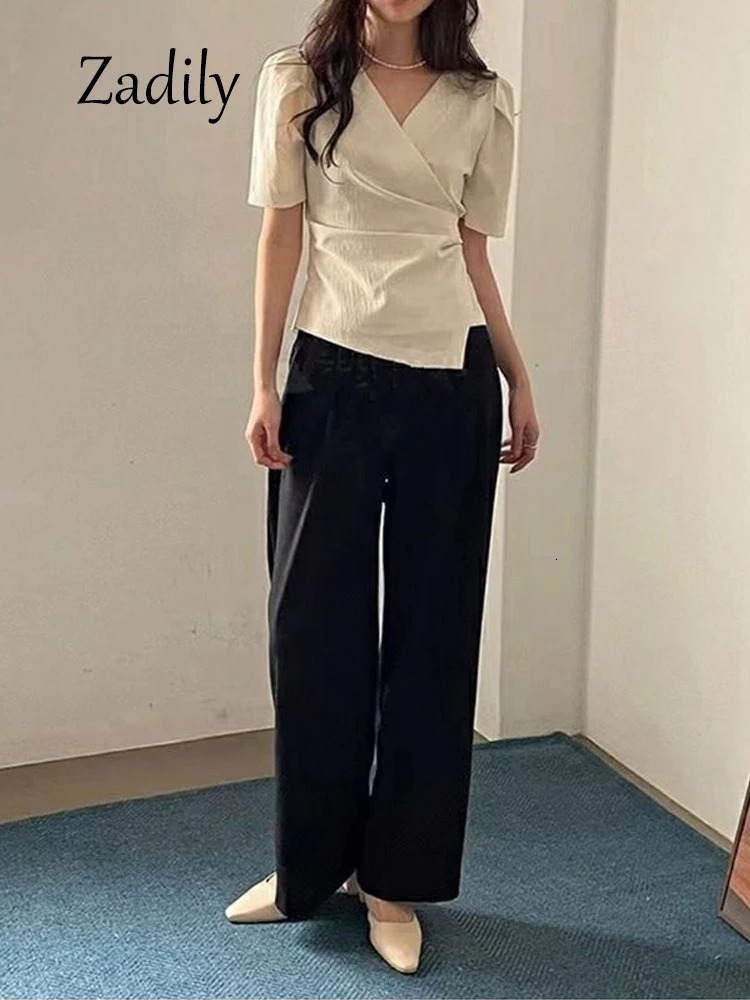 Summer Short Sleeve Women Chiffon Blouse Shirt Korea Style Slim Irregular V Neck Woman Top Casual Asymmetry Female Clothing 250109