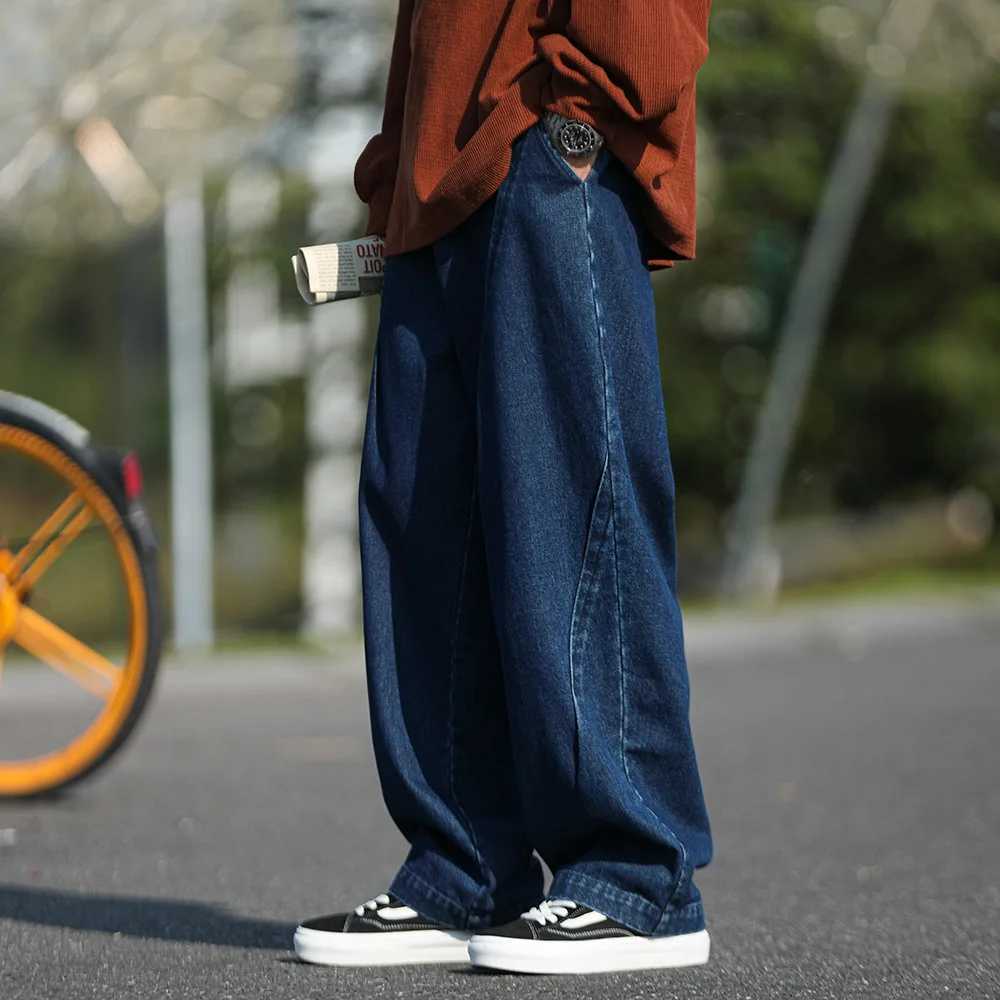 Japanese style retro fashionable mens youth jeans loose straight wide leg high street casual work jeans all year round M250109