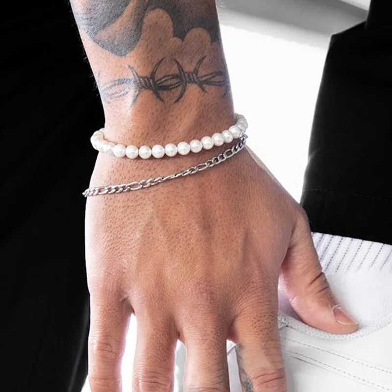 New Fashion Imitation Pearl Chain Bracelet Men Handmade Classic Figaro Chain Bracelet For Men Jewelry GiftsXJ250109