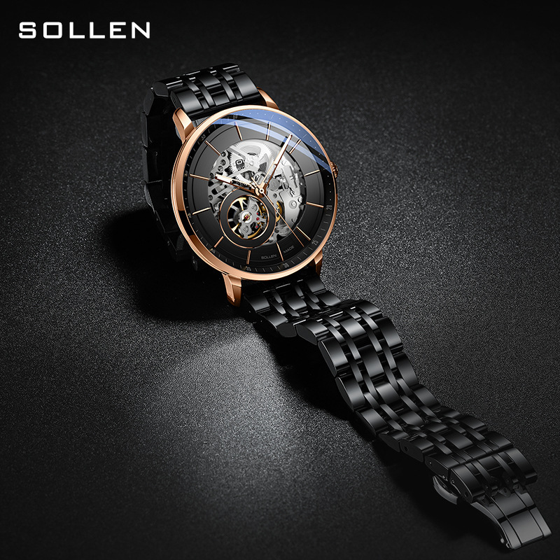 Fashionable SOLLEN Business Casual Skeleton Dial Watch for Men