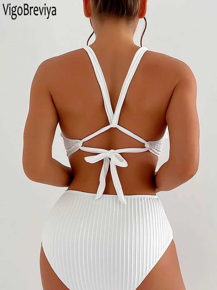 VigoBeviya 2025 Sexy White Strapped Swimwear Women ss Cross One Piece Swimsuit Monokini Hollow Push UP Beach Bathing SuitXJ240108