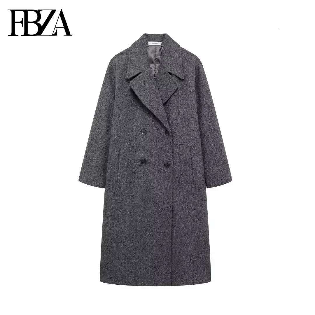 FBZA Women Fashion Autumn Winter 2024 New Wool Blend Warmth Loose Long Coat Jacket Double Breasted Lapel Overcoat Trench