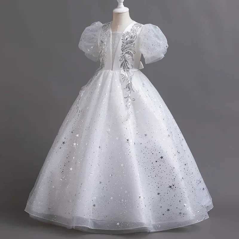 Fashoin Flower Girl Dresses for Weddings Mesh Lace Short Sleeve Kids Dresses for Girls Summer Girls Par Dress 4-14 YearsXJ250108