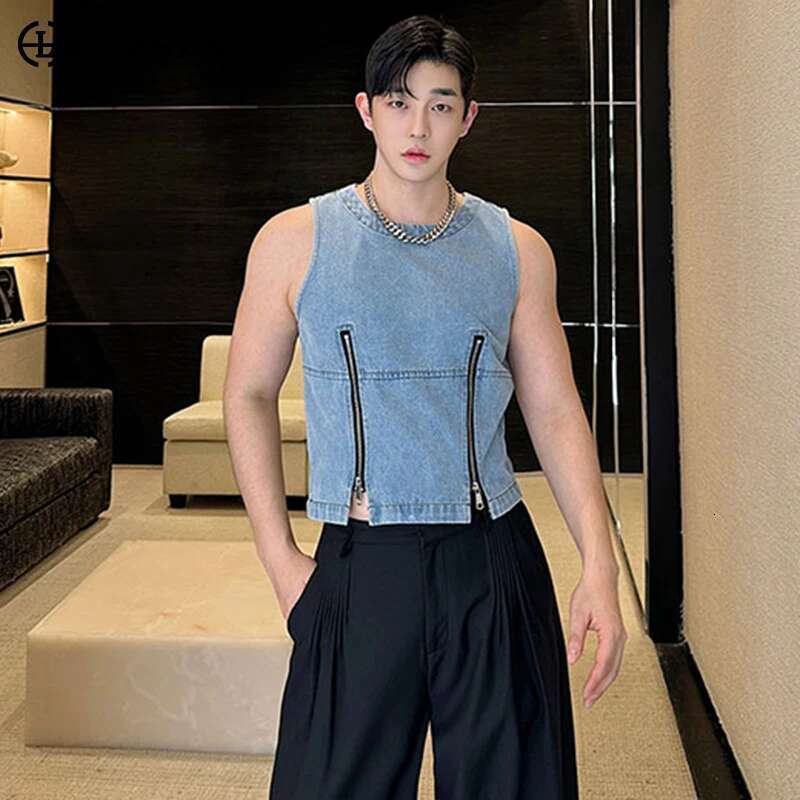 Zipper Splicing Design Fashion Denim Sleeveless Vests Personalized Trendy Street High Quality Men's Tank Tops