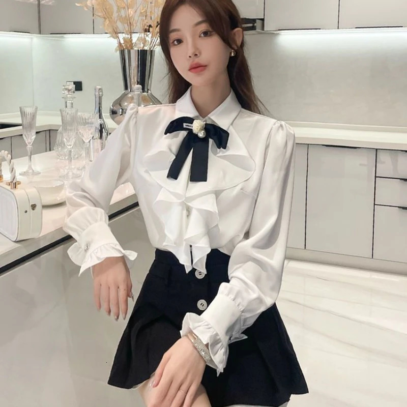 White Shirts Woman Lace Ruffles Blouses Sweet Female Peter Pan Coller Crop Long Sleeve Tops Preppy Ladies Temperament Q190 250109
