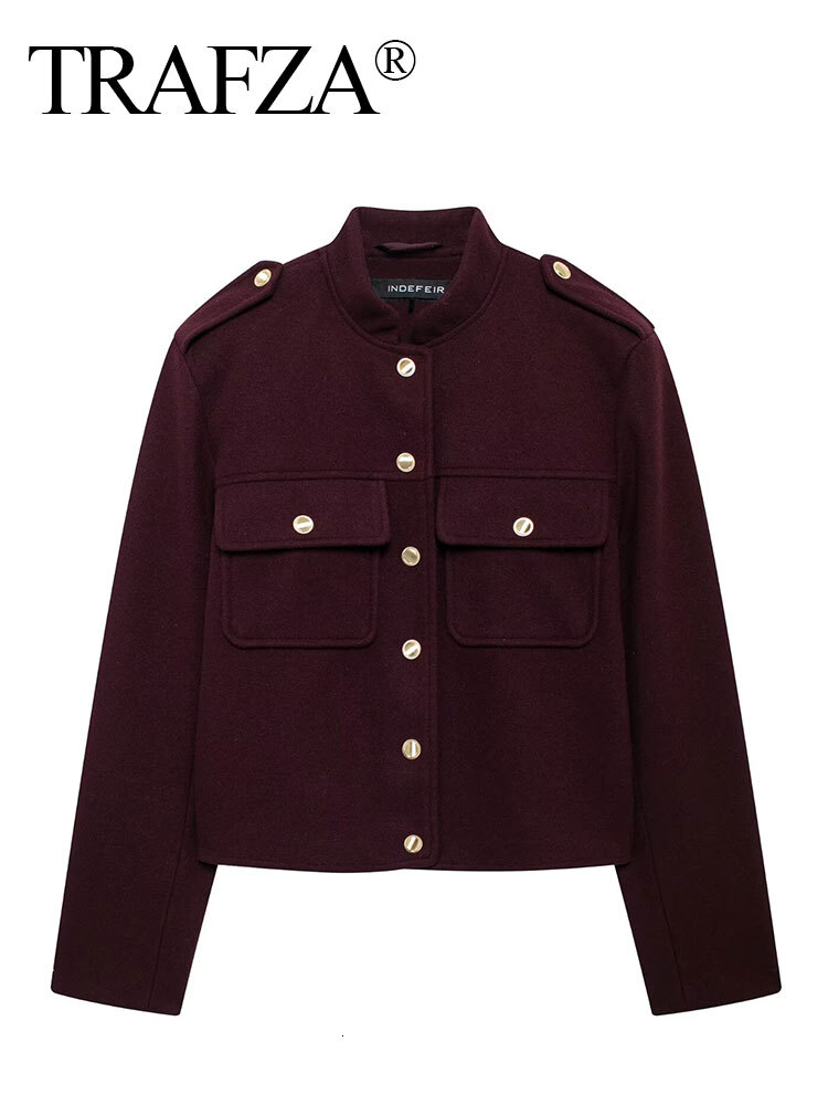 Women Vintage Wine Red Coat O Neck Long Sleeve Single Breasted Jacket With Pockets Autumn Casual Office Lady Outerwear
