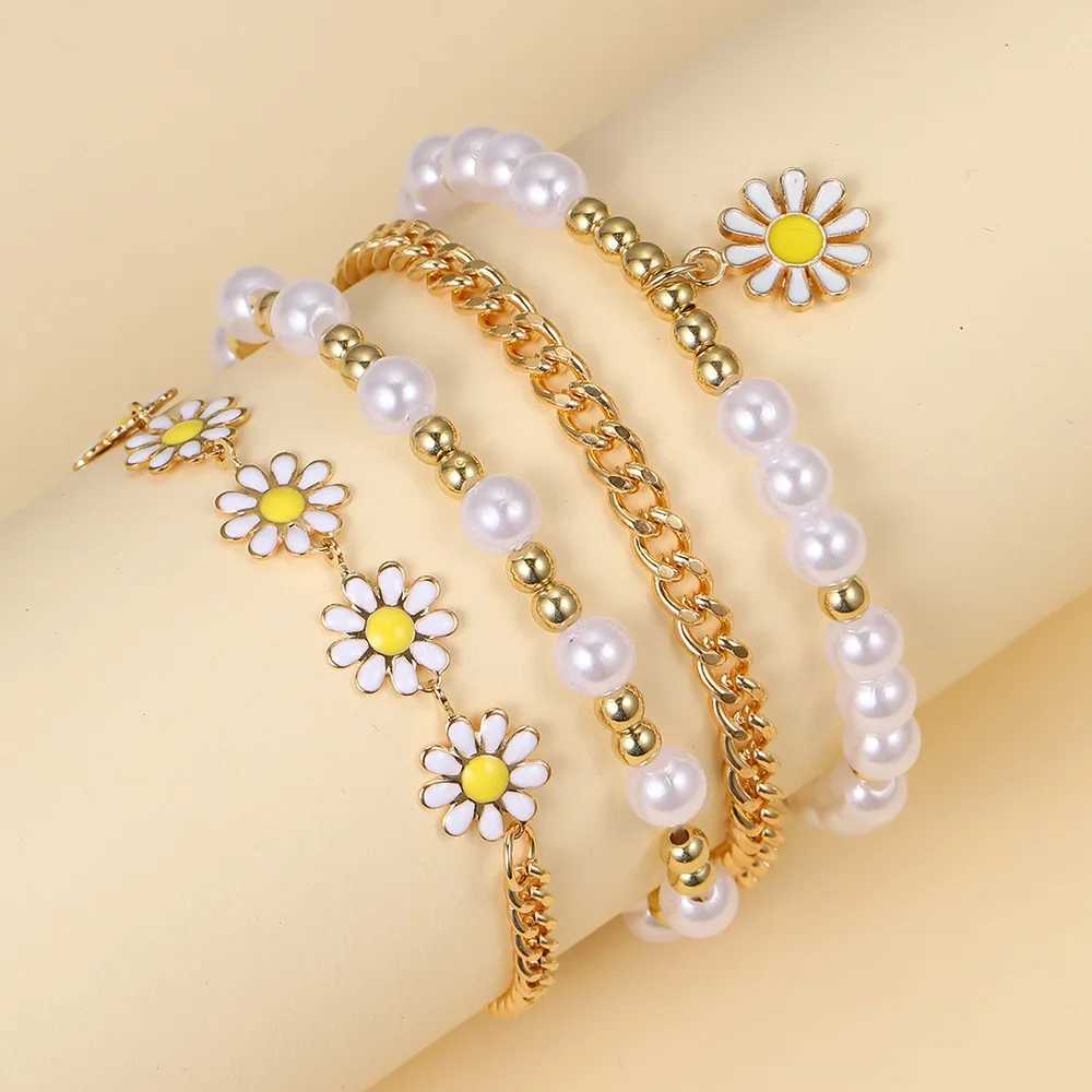 Elegant 4pc Daisy Imitation Pearl Bracelet Set - Cute Zinc Alloy Jewelry for Stylish Girls Ideal GiftXJ250109