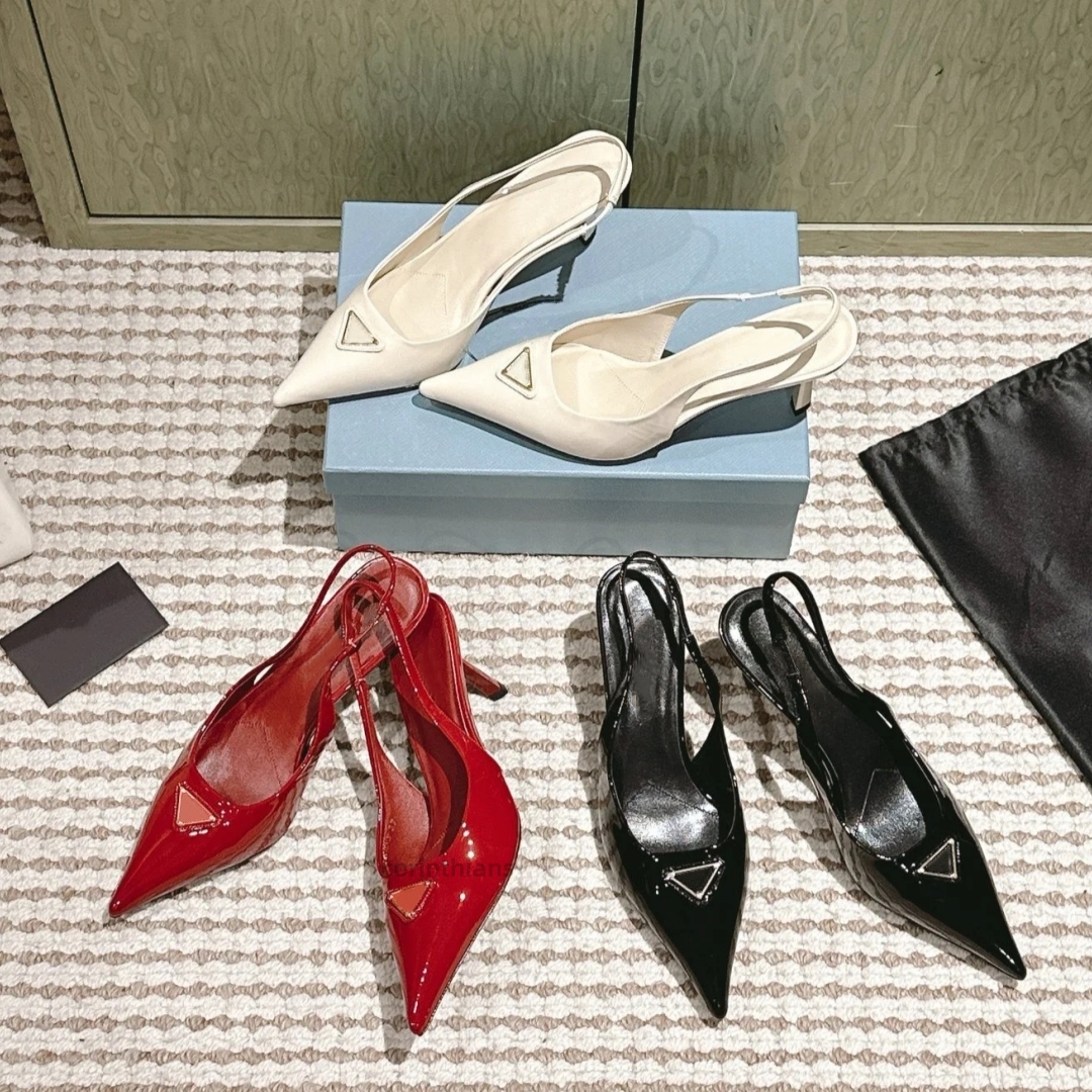 Designer Pointed Toes Pumps Slingback Plaque Sandals Women High Heels Brushed Leather patent Sling Back Toe party Black White Red Wedding Sandal Women