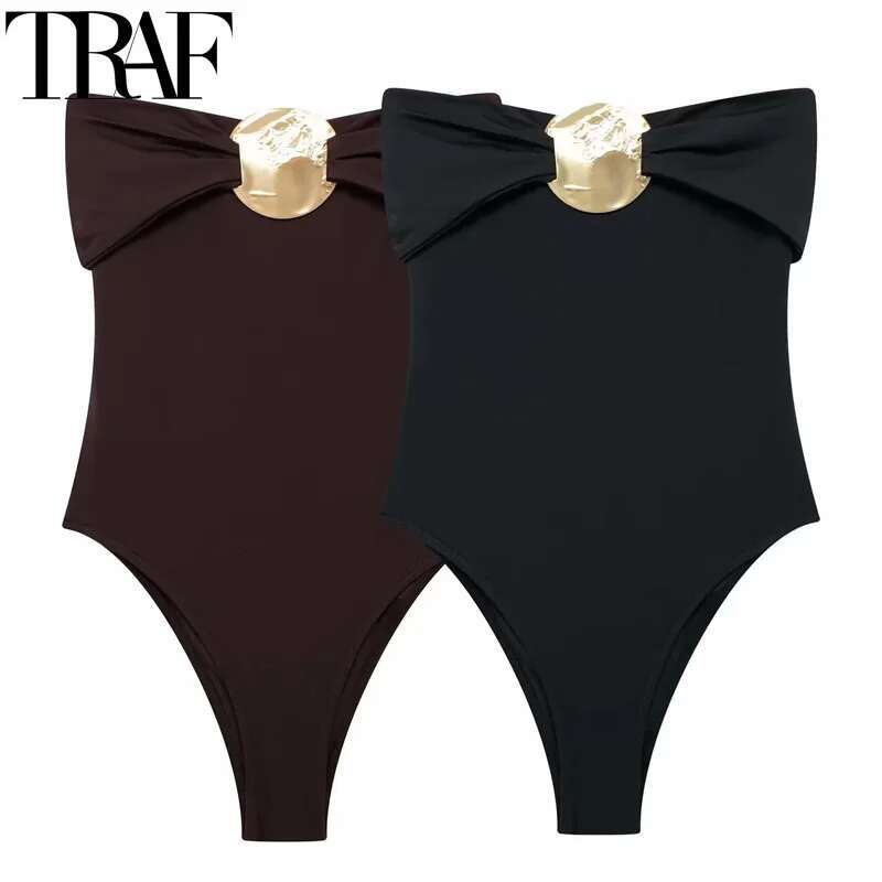 TRAF Sexy Body Woman Off Shoulder Black Strapless Bodycon Bodysuit Corset Backless Brown Women Beach Swimsuit