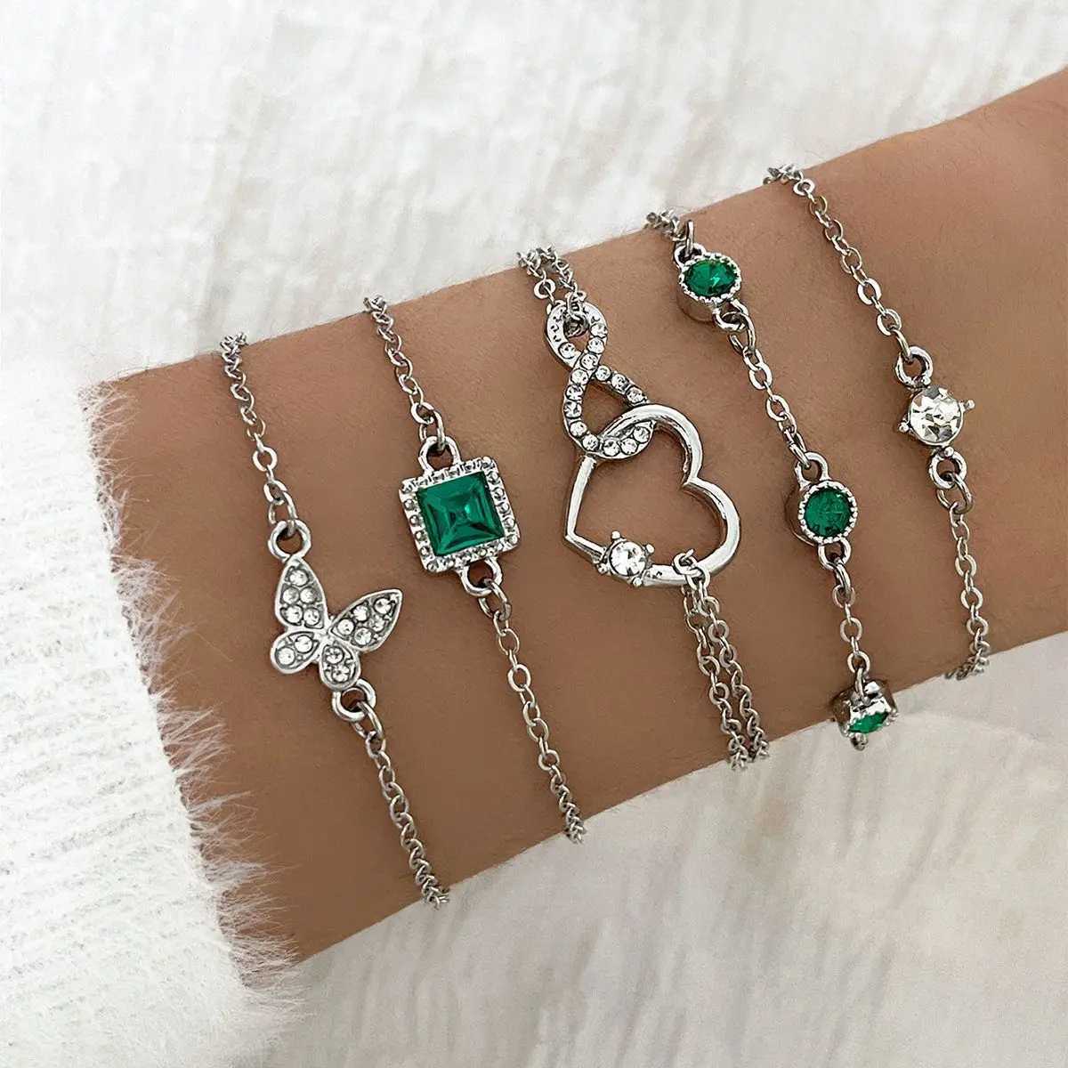 New Luxurious Geometry Square Green Crystal Bracelets Women Fashion Exquisite Butterfly Heart Metal Bracelets Set JewelryXJ250109