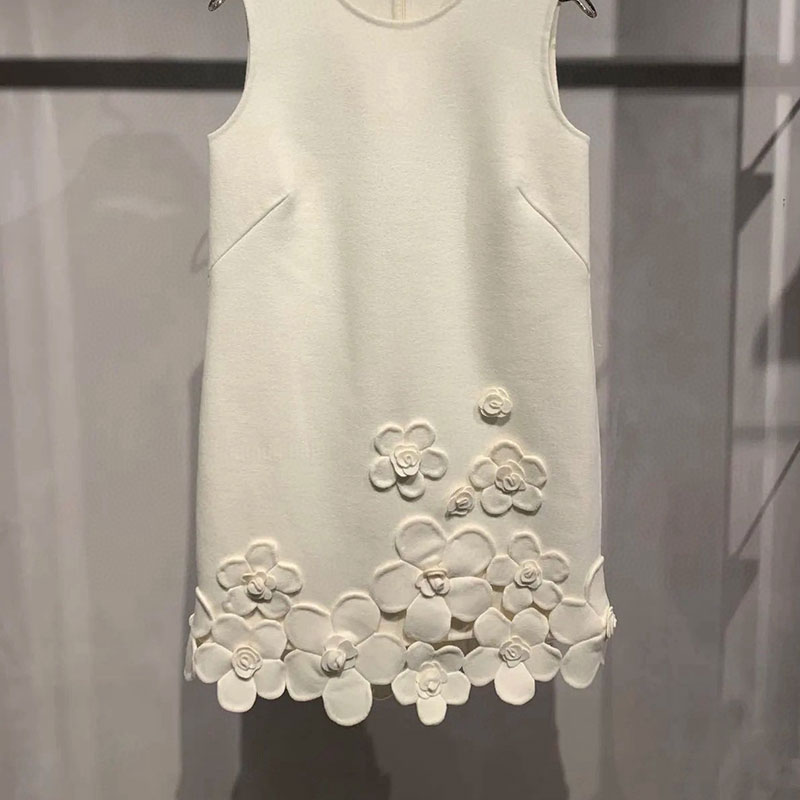 Women's Solid Handmade Flower Wool Dresses Elegant Trendy Round Neck Sleeveless Luxury Mini Straight Dress 2 Colors High Quality Designer Loose V