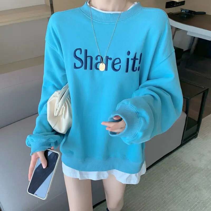 Autumn Winter New Korean Fleece Fake Two Pieces Sweatshirts Ladies Loose All-match Long Sleeve Top Tee Women's Letter Pullovers