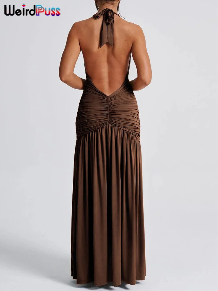 Elegant Halter Plunging V-Neck, Ruffle Detail, Backless Design - Summer Party Dress C260312