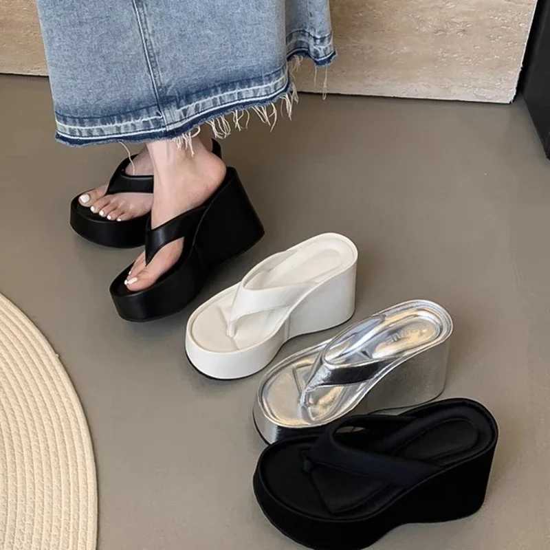 New Arrival Design summer short and chubby womens slippers fashion platform wedge high heels silver womens shoes Zapatillas De Mujer T250108