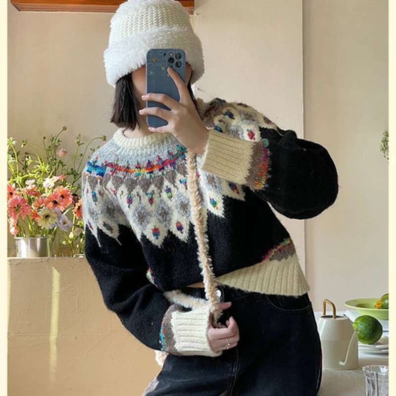 Vintage Fair Isle Jacquard Sweater For Women Argyle Aesthetic Knitted Pullover Crop Top Sweet Girls Winter Clothes Loose
