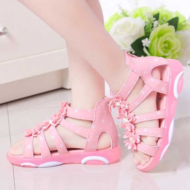 Cute Girl Beach Sandals Flower Pearl Dot Childrens Roman Gladiator Zipper Princess Shoes Soft Leather Sweet Flat 21-36 W250108