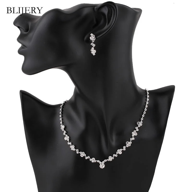 BLIJERY Fashion Crystal Bridal Jewelry Sets Silver Color Geometric Choker Necklace Earrings Bracelet Wedding 250103z