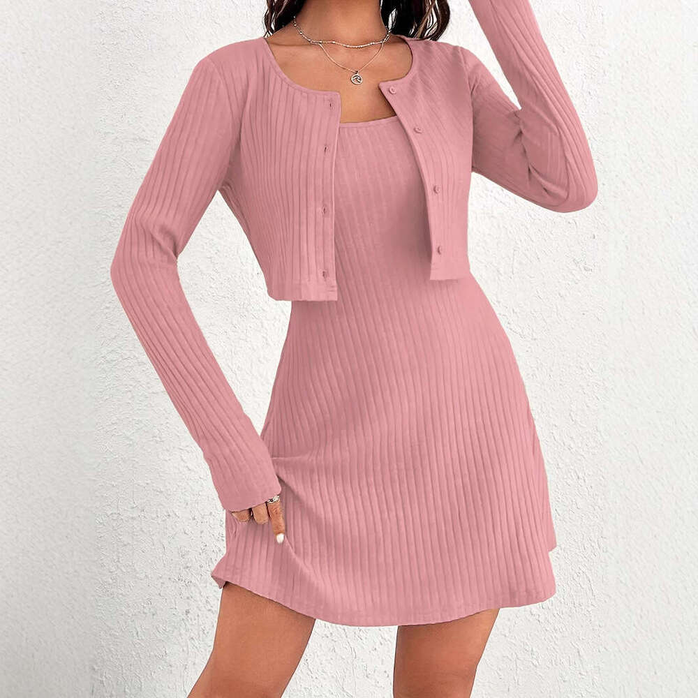 Autumn New For Foreign Trade, Two Piece Set, Premium Pink Knitted Cardigan, Women's Casual Set
