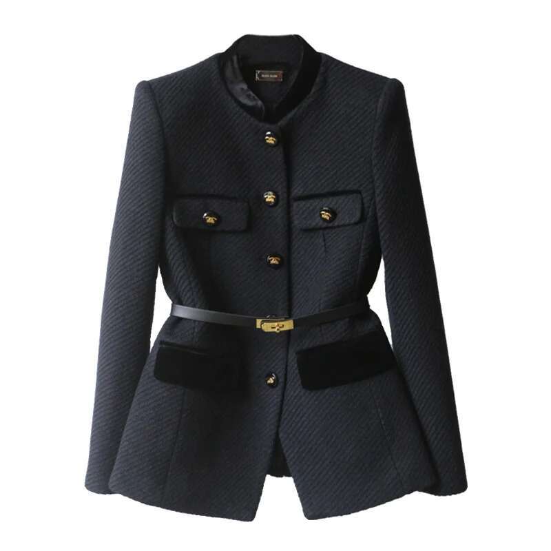 2024Autumn Winter New Woolen Mid-Long The Waist Fashion Coat Women Button Pure Colour Black Temperament Outerwear Female
