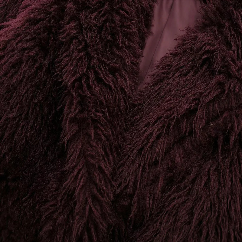 Koekop Womens Fashion Burgundy Asymmetric Thick Collar Fur Coat Vintage Casual Chic Temperament Lady Short Jacket 250103