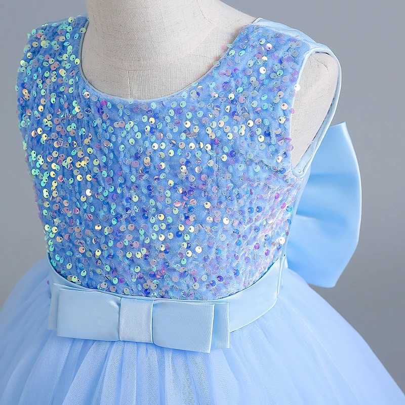 Luxury Girl Blue Sequined Dress 5-14T Children Formal Pageant Gala Prom Gown Bridesmaid Girl Wedding Costume Graduation ClothesXJ250108