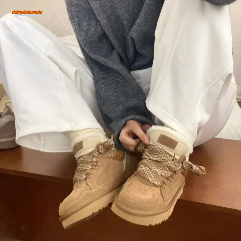 Women's Cotton Shoes Winter Classics Lace Up Suede Wool Warm Snow Ladies Comfortable Fur Thick Sole Ankl Boots Botas Mujer ddmykukumalu
