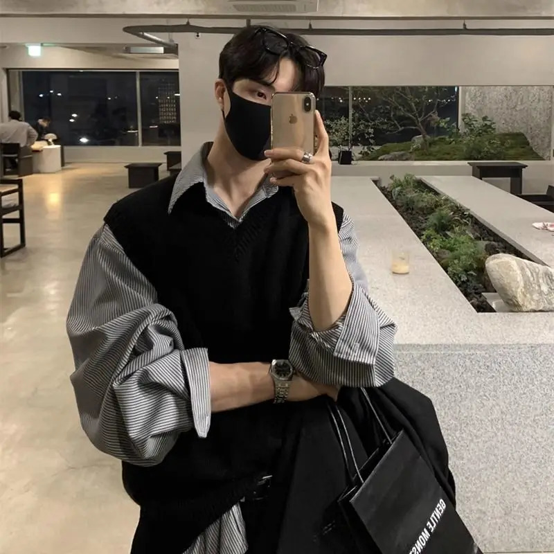 2024 Spring Acrylic Knitted Sweater Vest Men Vneck Sleeveless Golf Korean Style Solid Color Loose Casual Mens 250107