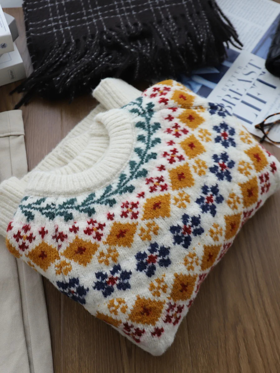 Crew Neck Fair Isle Sweater For Women Loose Vintage Jacquard Knitted Jumper Multi Color Geometric Outdoor Soft Pullovers