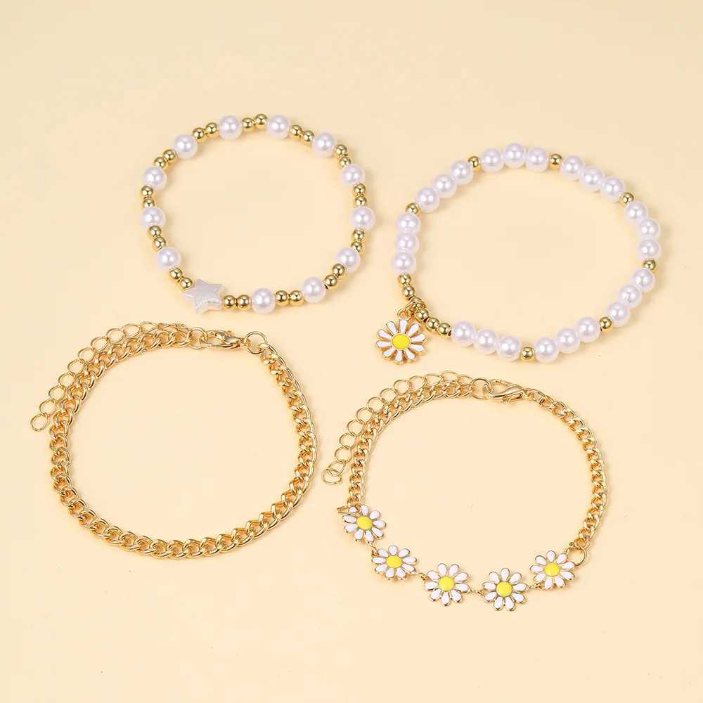 Elegant 4pc Daisy Imitation Pearl Bracelet Set - Cute Zinc Alloy Jewelry for Stylish Girls Ideal GiftXJ250109