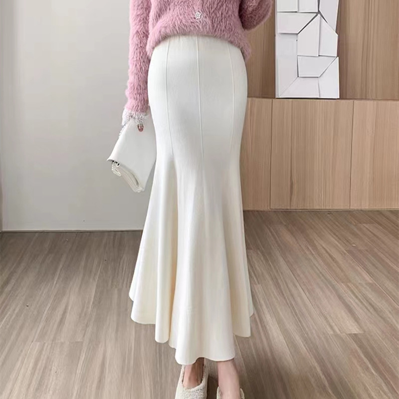 S1330 Fishtail Skirt Women's Early Spring Elastic Slimming Wool Hip Skirt High Waist Slim Mermaid Princess Midi Skirt
