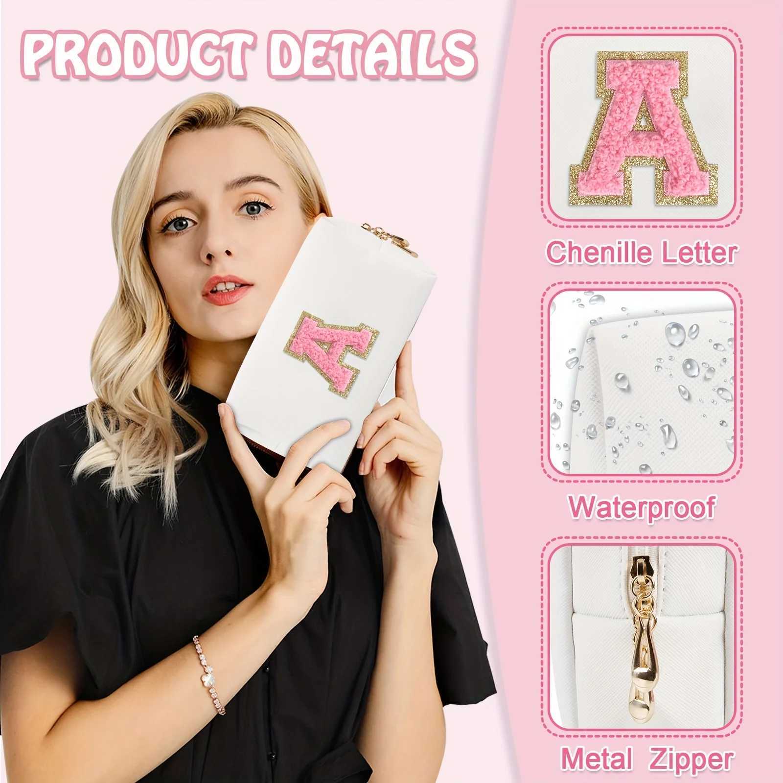 Initial letter patch makeup bag pre made portable chenille letter makeup bag with zipper PU leather waterproof travel toilet W250109
