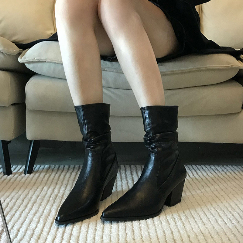 2025 new Elastic Casual Fashion Chunky Ankle Boots Square Toe Leather Brand Designer Female Shoes Autumn Booties d31f