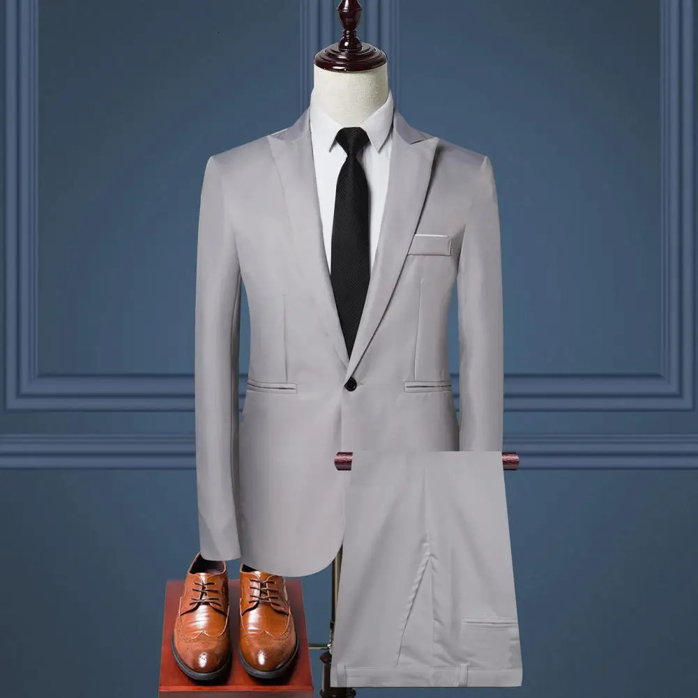 2PcsSet Men Formal Suit Lapel Long Sleeve Single Breasted Coat Solid Color Pants Set Slim Fit Business Mens Suits 250102
