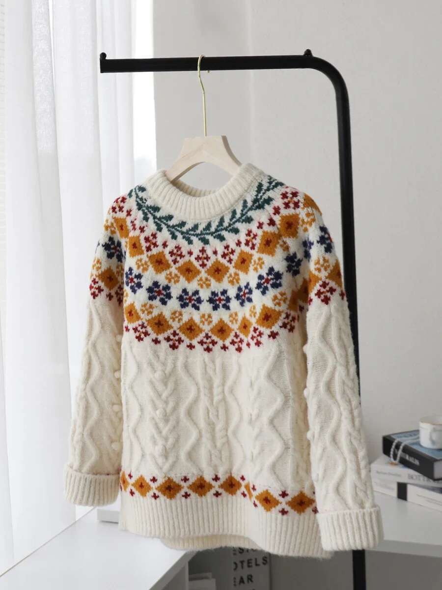 Crew Neck Fair Isle Sweater For Women Loose Vintage Jacquard Knitted Jumper Multi Color Geometric Outdoor Soft Pullovers