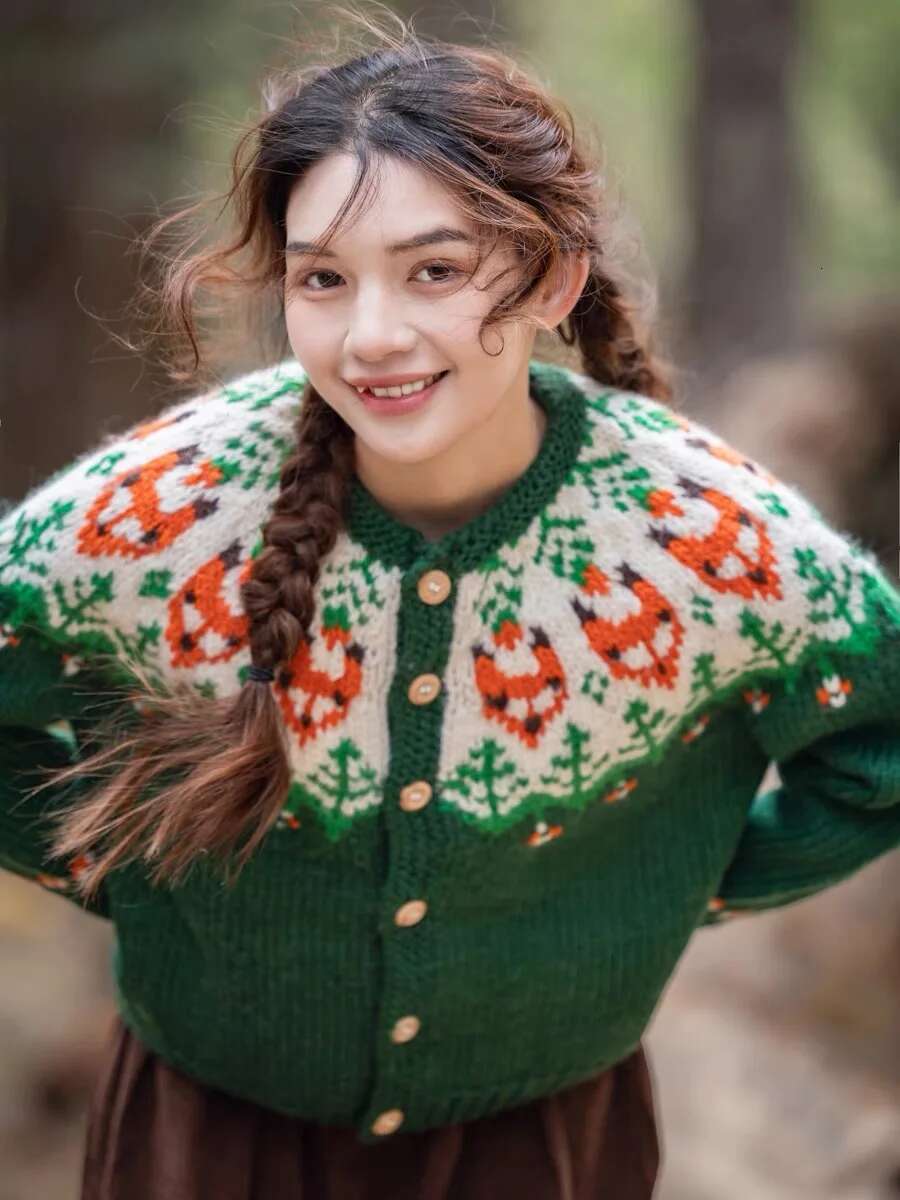 102-106Cm Bust Autumn Winter Women Fair Isle Icelandic Handknit Vintage Handmade Thick Warm 100% Wool Sweater Coat Cardigans