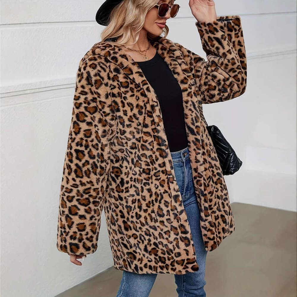 European American Autumn And Winter Leopard Print Women's Clothing Fashion Temperament Imitation Fur With Pockets Loose Woolen Coat