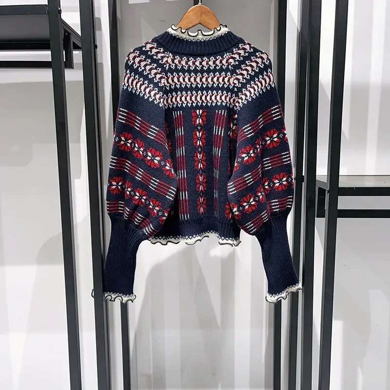 Women 2024 Autumn And Winter Retro Fair Isle Ruffle Stand Collar Double Zipper Balloon Sleeve Sweater Cardigan