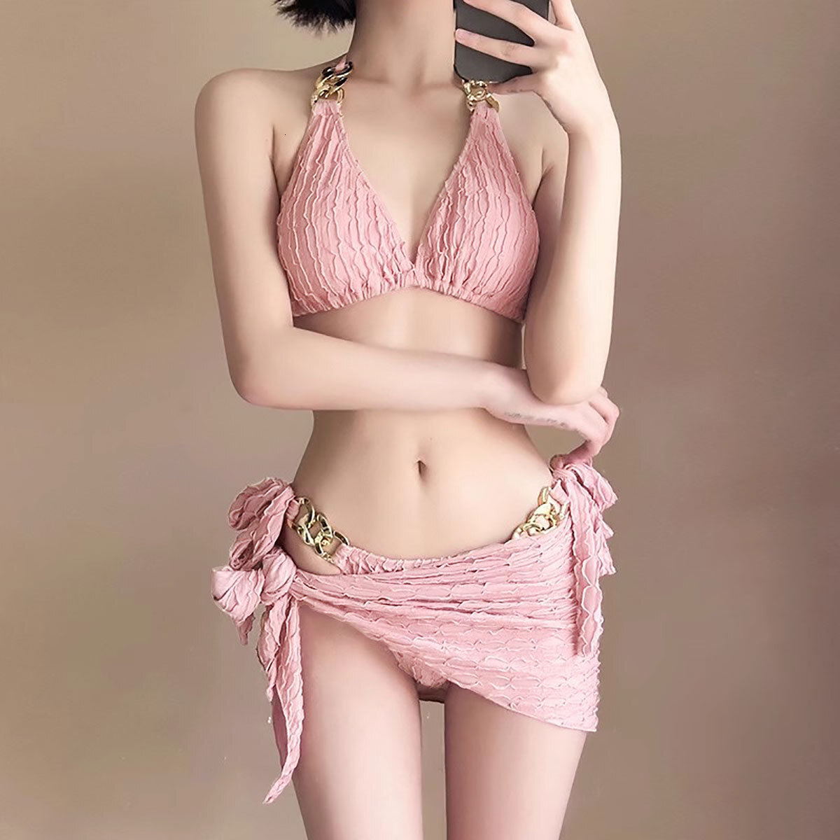 Bikini women 2025 new bikini dress style three piece set sexy small chest vacation white hot spring designer trendy swimsuit