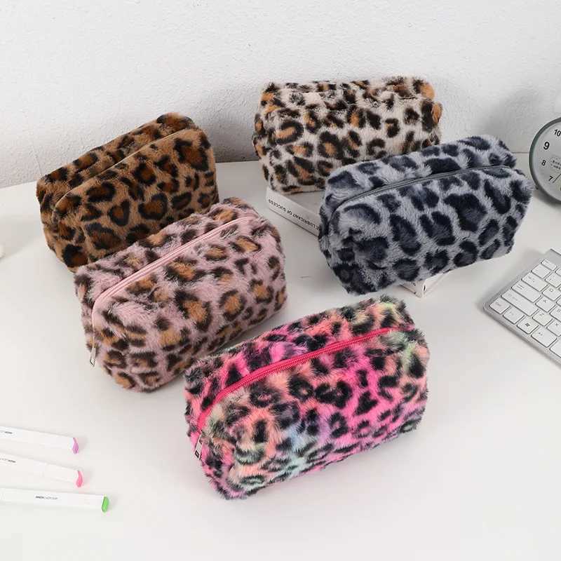 Leopard soft plush travel cosmetics lipstick brush storage bag toilet kit womens makeup handbag organizer bag pencil case W250109