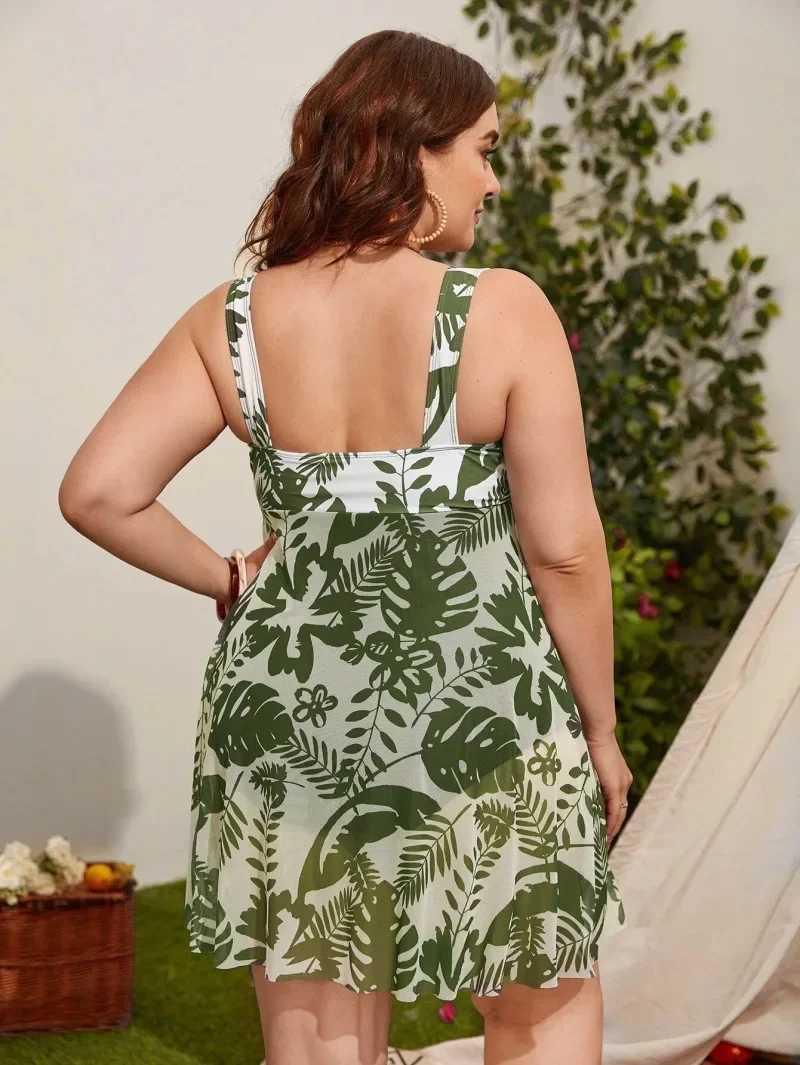 Large Size Plant Print Ruff H One Piece Swimsuit Plus Swimwear Fa Bathers Bathing Swimming Suit Summer BeachwearXJ240108