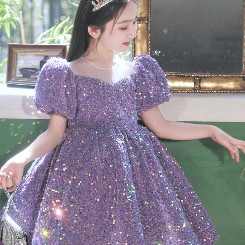2023 Evening Wedding Kids Formal Occasion Par Dresses for Little Girls Special Events Purple Sequins Short Gown Luxury PageantXJ250108