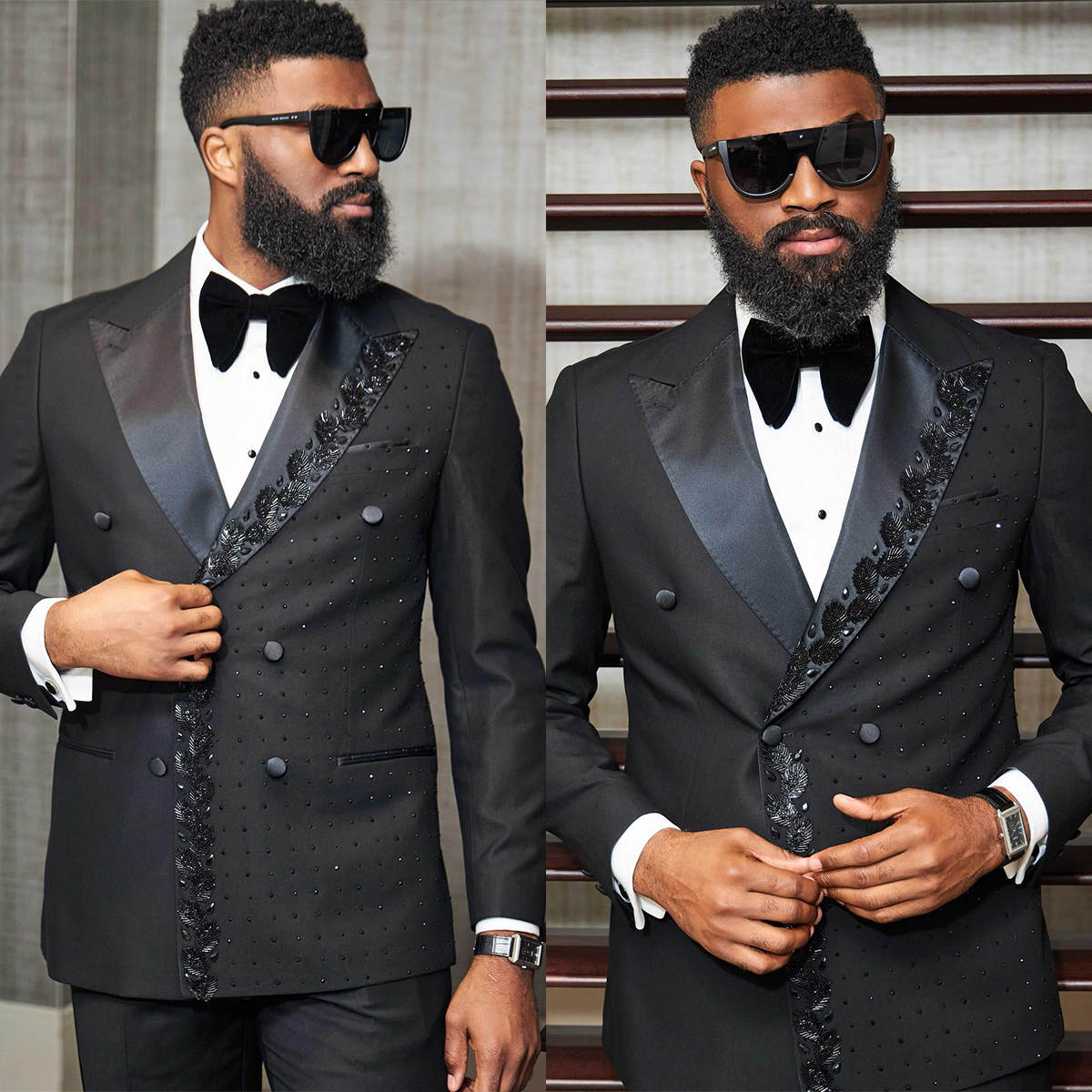 Luxury Men Suits Beaded Crystal 2 Pieces Set Jacket Pants Wedding Tuxedos Peaked Lapel Double Breasted Business Groom Wear Customized